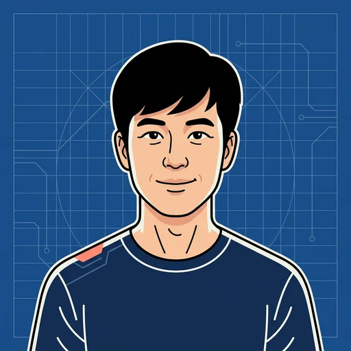 Cartoon portrait of Haichao Zhang on a blueprint grid